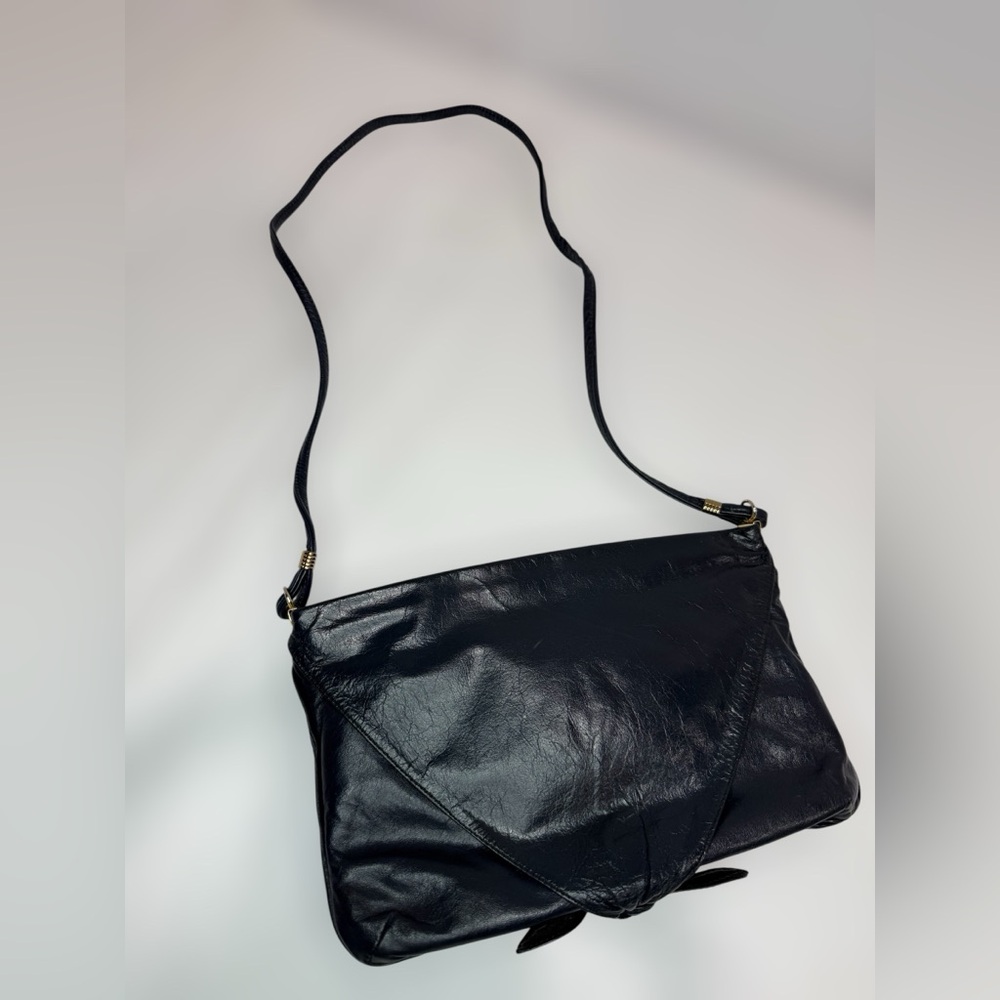 Mimo Sacs Toronto Genuine Leather Navy Crossbody Bag with Bow & Gold Accents